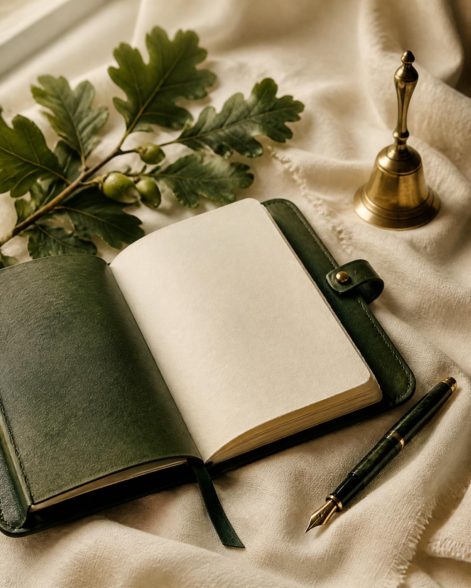 An open leather journal, fountain pen, oak leaves, and a small brass bell on cream linen