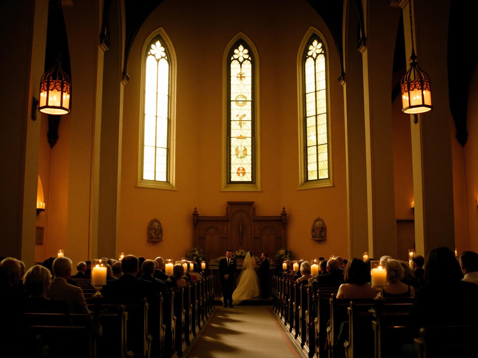 A candlelit chapel interior during a wedding ceremony