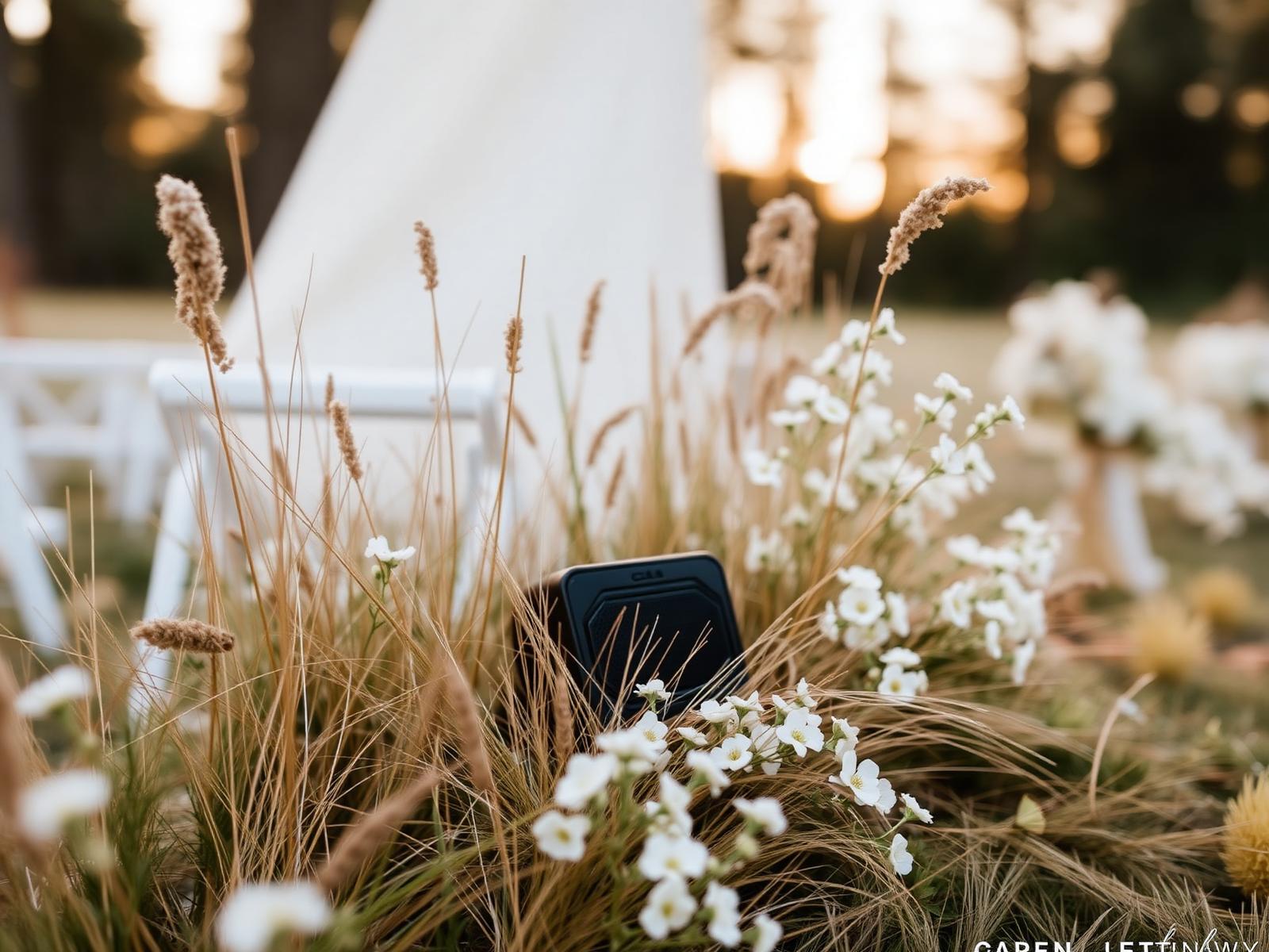 A compact speaker discreetly placed among wild grasses at an outdoor aisle